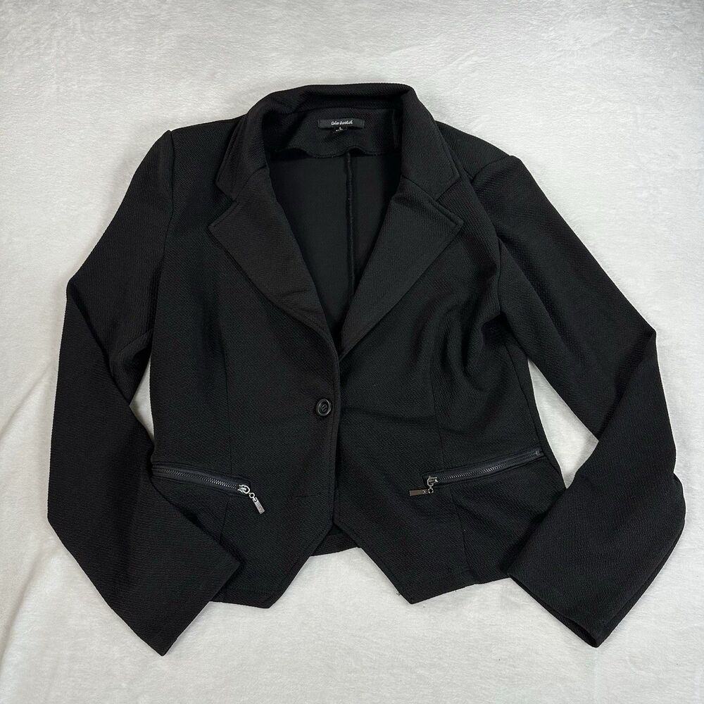 Color Swatch Black Textured Cropped Blazer Jacket Women’s Large‎ Zip Stretch
